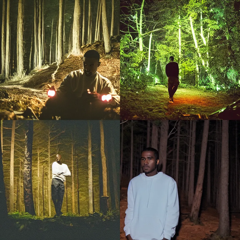 Prompt: frank ocean in the middle of a forest at night, camera footage