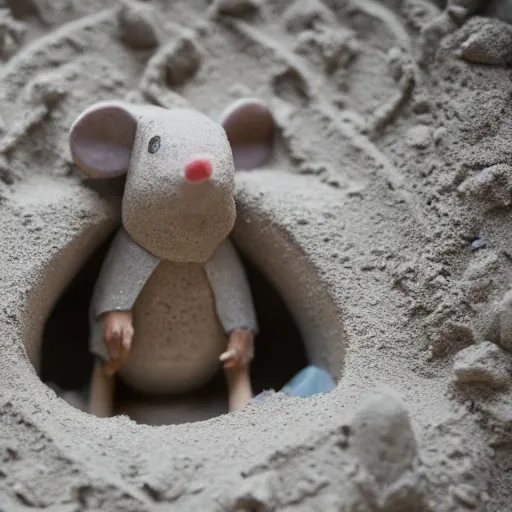 Image similar to dslr photo still of a mouse inside a sand castle, 8 k, 8 5 mm f 1. 4