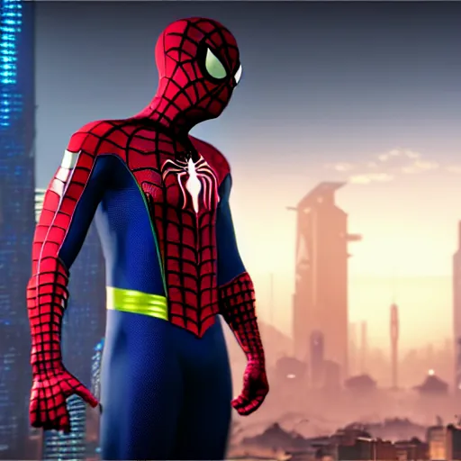 Prompt: futuristic arabic version of spiderman ps 4 suit in cyberpunk 2 0 7 7, cyberpunk style spiderman, fantasy, d & d, elegant