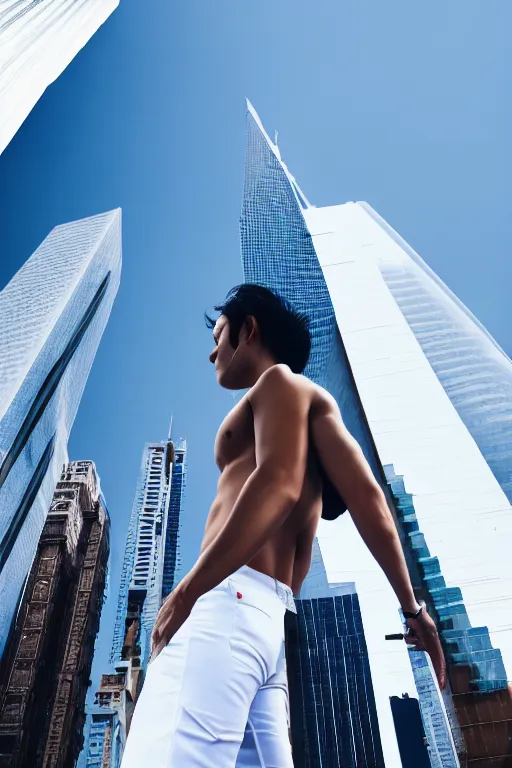 Prompt: man larger than skyscrapers wearing tight white shorts walks around the city, low angle shot, photography, highly detailed, trending on artstation, award winning photography, 4 k, highly detailed