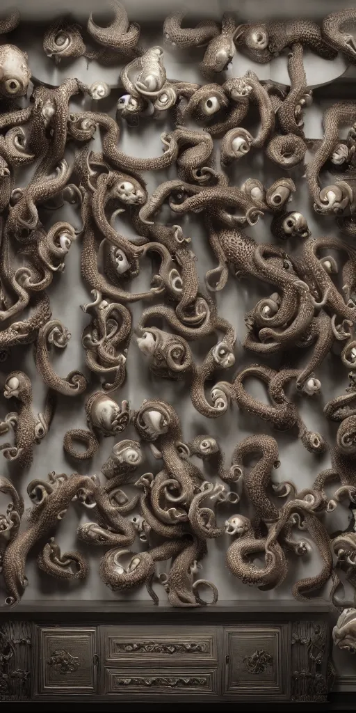 Prompt: a wideshreen photo of a huge cabinet full of octopuses cinematic lighting, silverplate, hyper realistic, very detailed, Octane render 8k