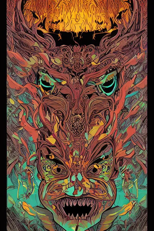 Image similar to animal mask totem roots flower tribal feather gemstone plant wood rock shaman vodoo video game vector cutout illustration vivid multicolor borderlands comics by josan gonzales and dan mumford radiating a glowing aura