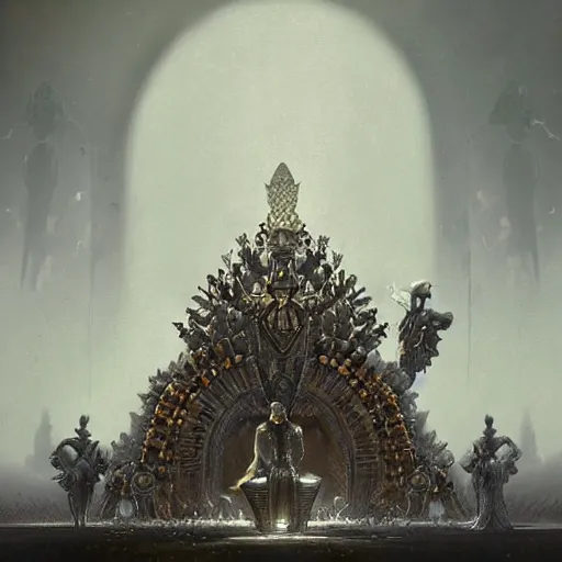 Prompt: a fantasy painting of a crowd around a queen sitting on a throne by Dawid Planeta