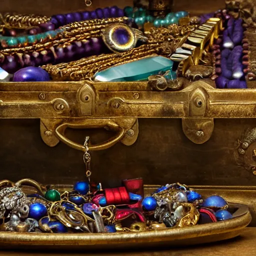 Prompt: A Dunmer chest filled with jewels and golden artefacts, 4k, hdri, museum quality photo