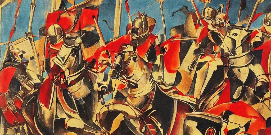 Image similar to italian futurism style painting of medieval knights jousting