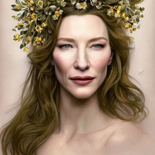 Image similar to Portrait of cate blanchett wearing a floral crown, olive skin, long dark hair, beautiful bone structure, shiny gold background, intricate, elegant, highly detailed, digital painting, artstation, concept art, smooth, sharp focus, illustration, art by artgerm and greg rutkowski and alphonse mucha