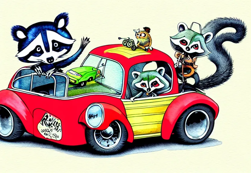 Image similar to cute and funny, racoon riding in a tiny hot rod coupe with oversized engine, ratfink style by ed roth, centered award winning watercolor pen illustration, isometric illustration by chihiro iwasaki, edited by range murata