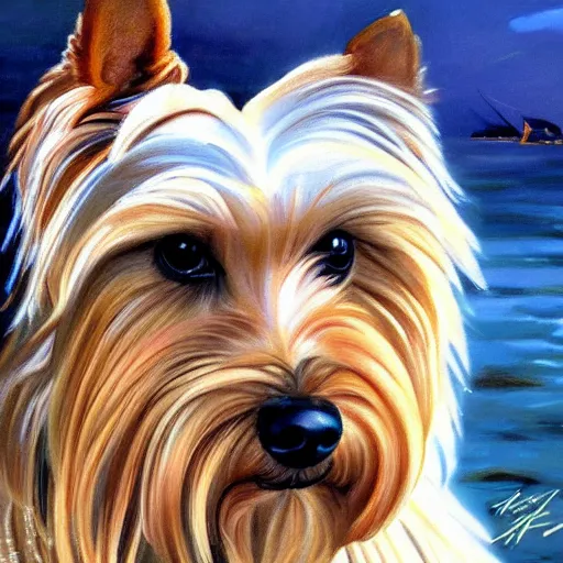 Image similar to ultra realistic portrait painting of a yorkshire terrier on a yacht, art by frank frazetta, 4 k, ultra realistic, highly detailed, epic lighting