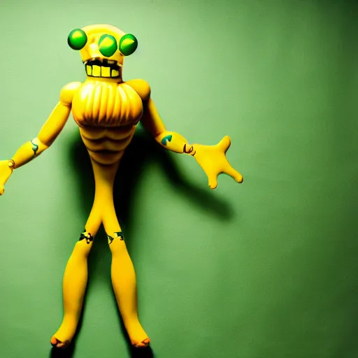 Image similar to a big muscular yellow monster with green dots and only one leg, photography, practical effect