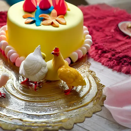 Image similar to a light yellowish down-covered baby chick and a rooster are near a birthday cake having 3 candles