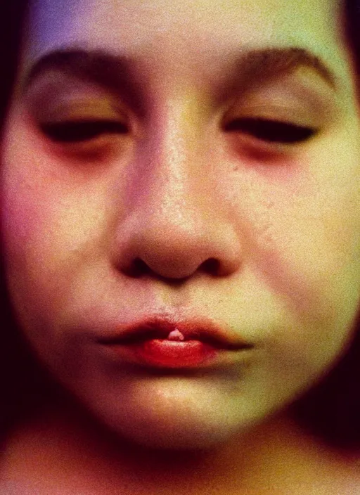 Image similar to close-up, color film photography, portrait of woman with vitiligo, in style of nan goldin, soft focus, golden hour, soft light, 35mm, film photo