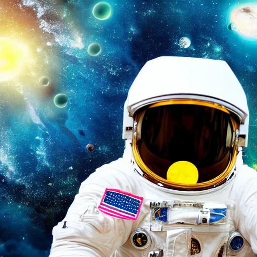 Image similar to astronaut in space, galactic background reflections on suit on one side and a yellow planet on the other side