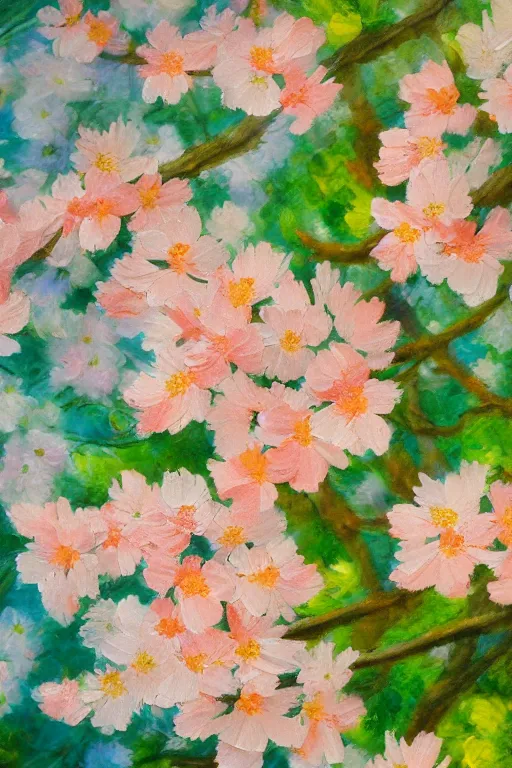 Prompt: Hanami flowers in impressionism style, close up painting