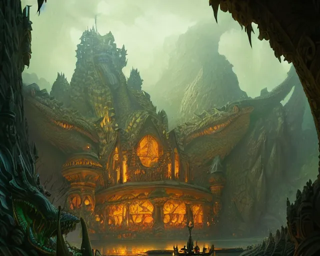 Image similar to crocodile god lair, deep focus, d & d, fantasy, intricate, elegant, highly detailed, digital painting, artstation, concept art, matte, sharp focus, illustration, hearthstone, art by artgerm and greg rutkowski and alphonse mucha