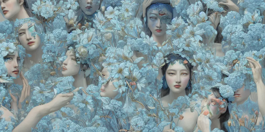 Image similar to breathtaking detailed concept art painting art deco pattern of faces goddesses amalmation light - blue flowers with anxious piercing eyes and blend of flowers and birds, by hsiao - ron cheng and john james audubon, bizarre compositions, exquisite detail, extremely moody lighting, 8 k