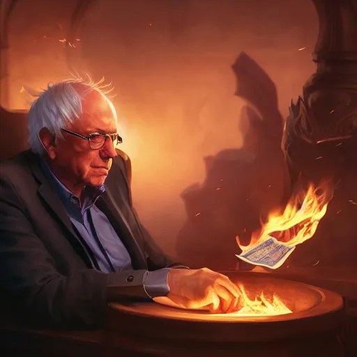 Image similar to portrait of bernie sanders burning money, league of legends amazing splashscreen artwork, splash art, natural light, elegant, photorealistic facial features, intricate, fantasy, detailed face, atmospheric lighting, anamorphic lens flare, cinematic lighting, league of legends splash art, hd wallpaper, ultra high details by greg rutkowski