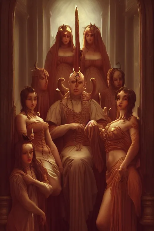Prompt: a horrific demonic portrait of Satan and his concubines, white eyes, bored, illustration, soft lighting, soft details, painting oil on canvas by Edmund Blair Leighton and Charlie Bowater octane render, HDR, trending on artstation, 4k, 8k, HD
