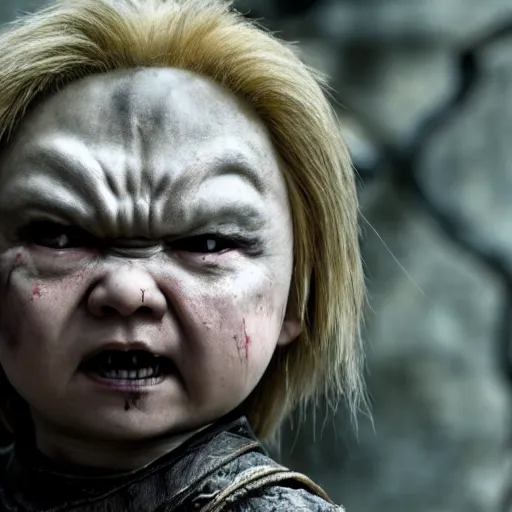 Image similar to justin sun as chucky in game of thrones, 4 k, epic, cinematic, focus, movie still, fantasy, serious, extreme detail, atmospheric, dark colour, sharp focus