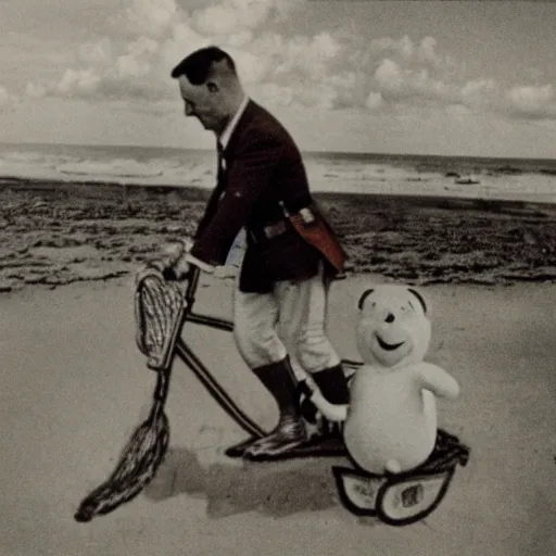 Prompt: adolf hitler riding winnie the pooh pickyback on the beach, high resolution