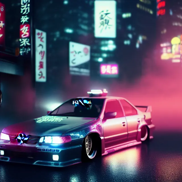 Image similar to toyota jzx 1 0 0 illegal drift car with cyberpunk robot geisha girl standing, detailed wheels, shibuya prefecture, cinematic lighting, fog mist smoke, photorealistic, night photography, octane render by tomino - sama