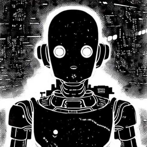 Image similar to sad biological android, through a huge cybernetic megastructure multi - level metropolis in space, black and white, by nihei tsutomu