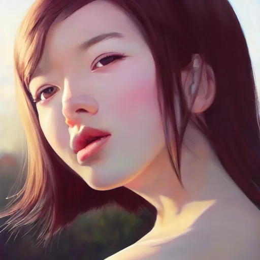Prompt: oil painting by ilya kuvshinov,, baugh casey, rhads, coby whitmore, of a youthful japanese beauty, long hair, popsicle in mouth, outdoors, highly detailed, breathtaking face, studio photography, dawn, intense subsurface scattering, blush, supple look, innocence, intense sunlight