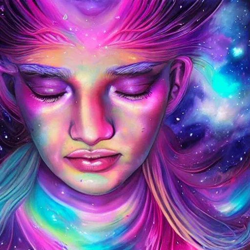Image similar to a galaxy pink purple and blue colored, psychedelic, ethereal, portrait, kim petras, eyes closed transcending to a higher plane of existence, cosmic nebulaic spirit form, eternal blessing, multiverse, by android jones, by ben ridgeway, visionary art, by artgerm, featured on artstation, cgsociety, by greg rutkowski