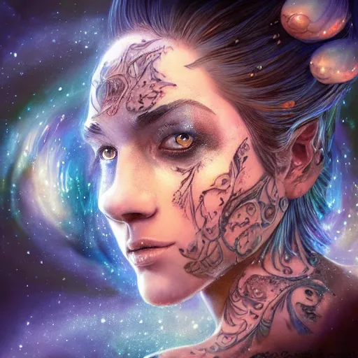 Image similar to a wlop 3 d render of very very very very super highly detailed beautiful mystic portrait of something with whirling galaxy around, tattoos by anton pieck, intricate, extremely detailed, digital painting, artstation, concept art, smooth, sharp focus, illustration, intimidating lighting, incredible art,