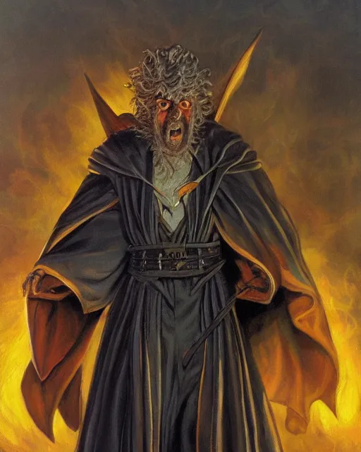 Image similar to portrait of Rick Sanchez as a powerful dungeons and dragons warlock, wearing dark robe, intricately detailed, lovecraftian, realistic, oil painting, by jeff easley, boris vallejo, cinematic lighting