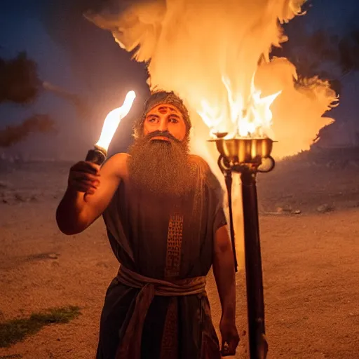 Image similar to award winning cinematic still portrait of intense 27 year old Mediterranean skinned man in Ancient Canaanite clothing, holding a flaming torch, beard, short hair, Nighttime. Army holding torches in the background, action, violence, Biblical epic directed by Steven Spielberg