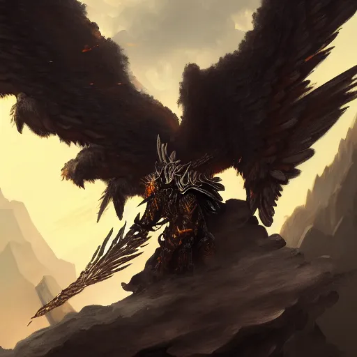 Image similar to painting of a fallen angel paladin with big burnt wings reaching the summit of a haunted mountain, sharp focus, award - winning, trending on artstation, masterpiece, highly detailed, intricate. art by johannes voss