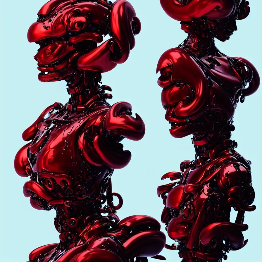 Prompt: bjork fashion portrait, vogue, red biomechanical wear, inflateble shapes, wearing epic bionic cyborg implants, masterpiece, intricate, biopunk futuristic wardrobe, highly detailed, art by akira, mike mignola, artstation, concept art, background galaxy, cyberpunk, octane render