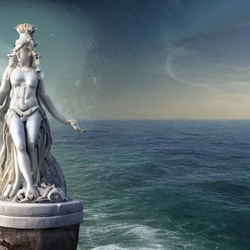 Prompt: Gigantic marble statue of the goddess of the sea on an island, large waves on the shore, fantasy, 8k resolution, ultra-detailed -H 2048 -W 1024