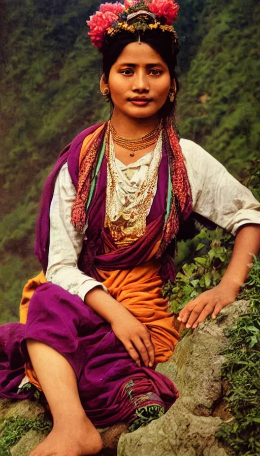 Prompt: vintage portrait photo of a beautiful beautifully lit nepalese Victorian woman in a lush valley with a tibetan monastery on a rock in the background by alphonse mucha and annie leibovitz