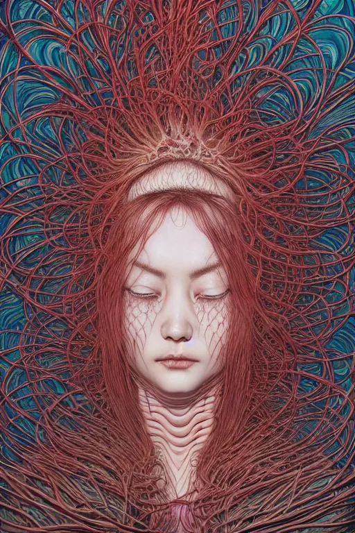 Image similar to realistic detailed image of a woman in a stray jacket laying in a padded room, conjuring psychedelic background, part by takato yamamoto, part by alex gray, ross tran, james jean, ultra realistic, octane render, highly detailed, very cohesive, 8 k, trending on artstation, cosmic, masterpiece