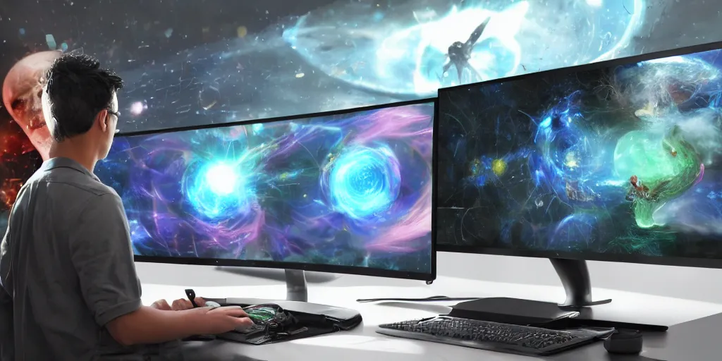 Prompt: a young mage creating a universe in his PC, a male mage in his 20s with black hair sitting in front of wide monitor, hands on a keyboard. a monitor showing code, neural networks and visual editors. hyperrealistic, extremely detailed, award-winning art, trending on Artstation