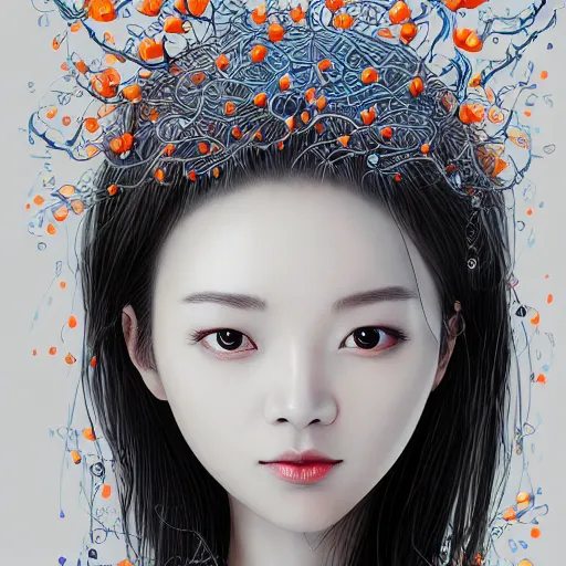 Image similar to the head of an incredibly cute and elegant korean girl partially made of carrots and blueberries looking up, an ultrafine detailed illustration by james jean, final fantasy, intricate linework, bright colors, behance contest winner, vanitas, angular, altermodern, unreal engine 5 highly rendered, global illumination, radiant light, detailed and intricate environment