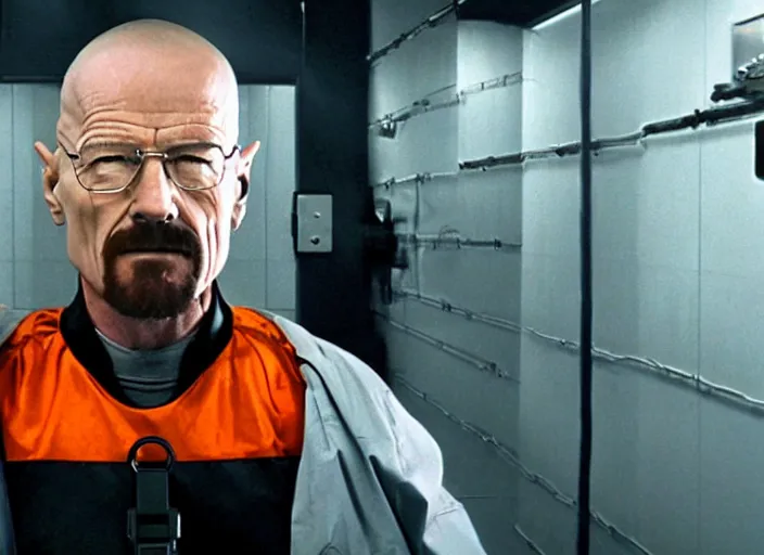 Image similar to film still of Walter White as Gordan Freeman wearing a black HEV suit with a glowing orange black mesa logo in front holding a gravity gun in the Half Life Movie, 4k