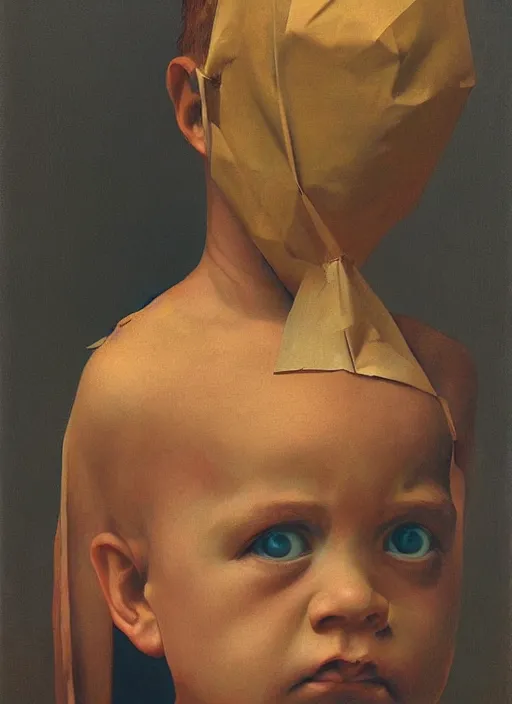 Image similar to child portrait with a paper bag over the head Edward Hopper and James Gilleard, Zdzislaw Beksinski, highly detailed