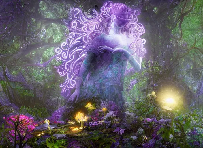 Image similar to glowing delicate flower and mushrooms that grow in a dark fatansy forest on the planet Pandora, an idealistic marble statue with fractal flowery hair in a fractal garden,