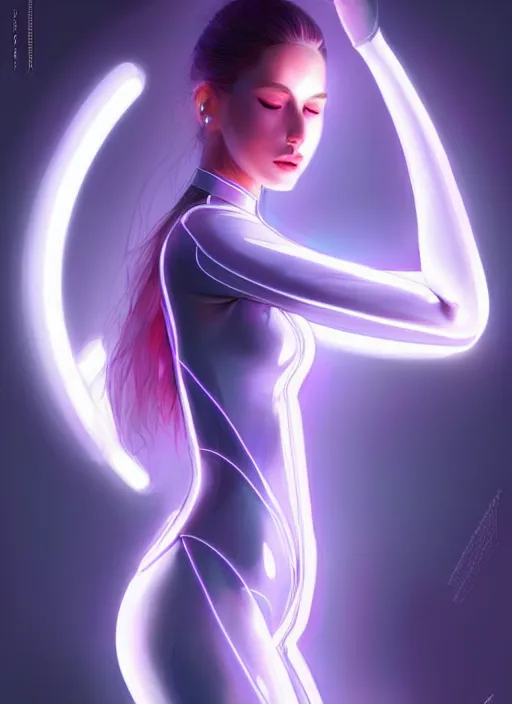 Image similar to portrait of modern female humanoid, transparent body hugging clothes, very futuristic, elegant, cyber neon lights, highly detailed, digital photography, trending in artstation, trending in pinterest, glamor pose, concept art, smooth, sharp focus, art by artgerm and greg rutkowski