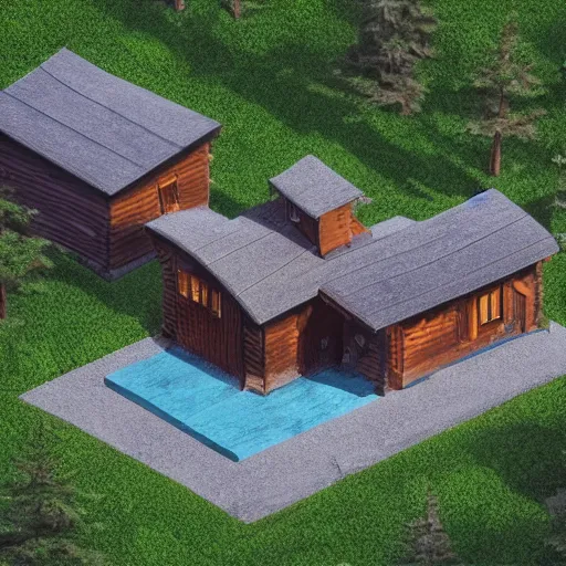 Image similar to concept art of a cabin in the woods, isometric view, unreal engine