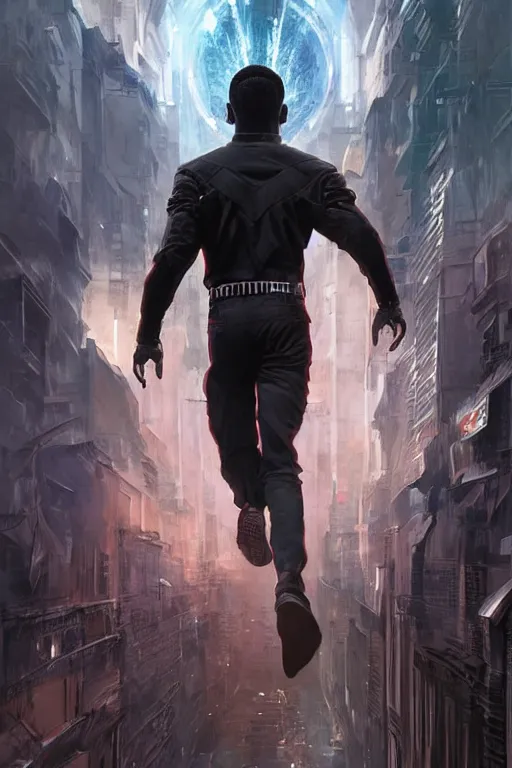 Prompt: a man from the back surrounded by black energy soaring in a futuristic paris, 4 k, shimmering color, cinematic light, hyper detailed, art by greg rutkowski and magali villeneuve and artgerm