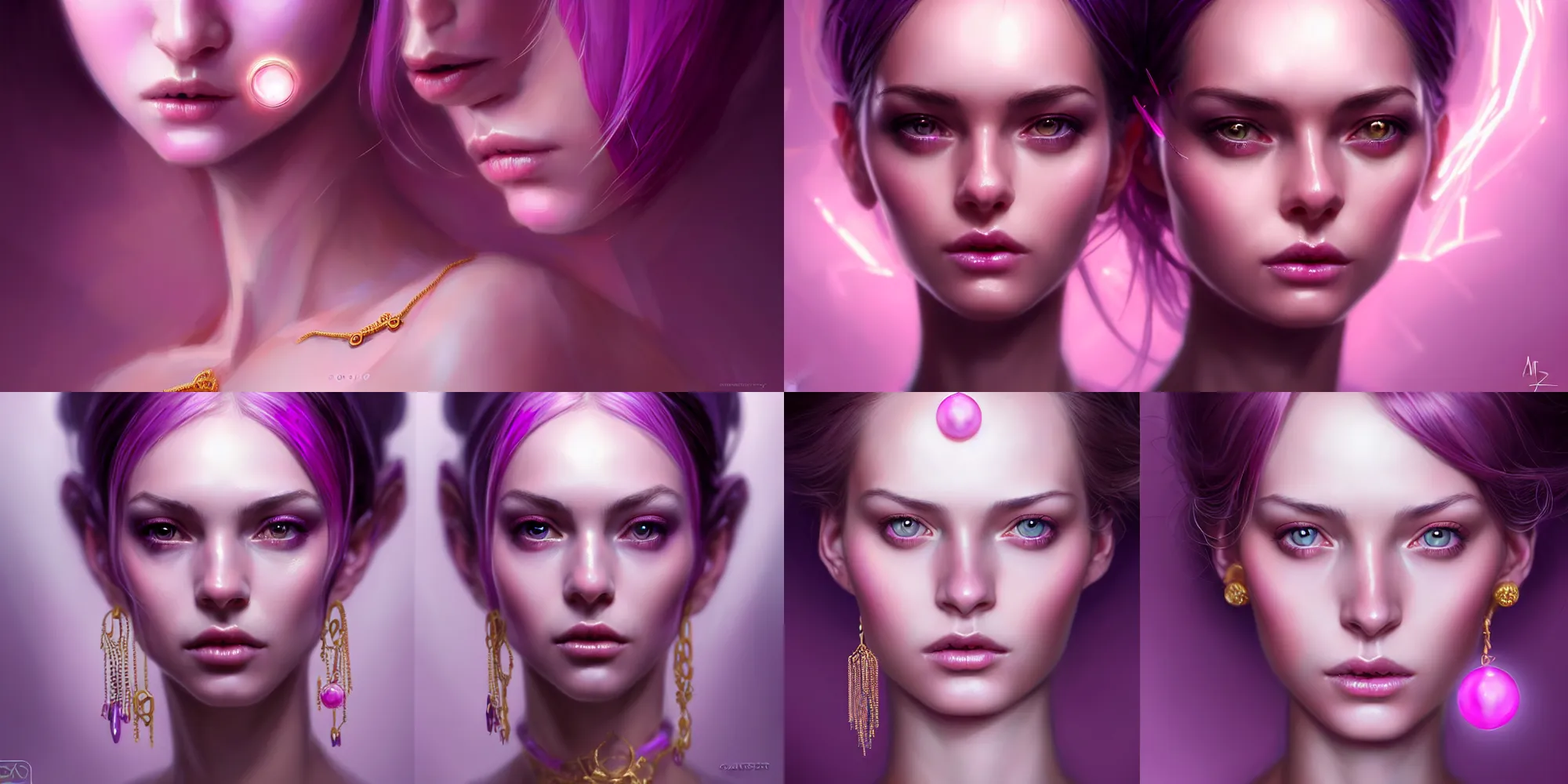 Prompt: realistic character concept ultra detailed of sexy girl with lots of jewelry in the face, pink purple, elegant pose, scifi, illustration, slender symmetrical face and body, artstation, cinematic lighting, hyperdetailed, cgsociety, 8 k, high resolution, charlie bowater, tom bagshaw, beautiful, elegant, golden ratio, dark fractal background, vfx, postprocessing