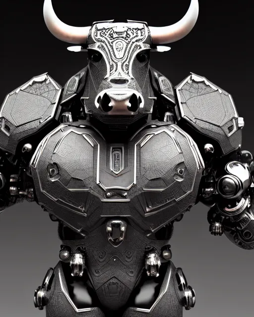 Prompt: a full body shot of a imposing cyborg bull modeled after a bull with open eyes looking into the camera, black skin!!!, intricate pattern, hard rubber chest, highly detailed, android, cyborg, full body shot, intricate, 3 d, symmetrical, octane render, fantasy, highly detailed, digital art, artstation, strong bokeh