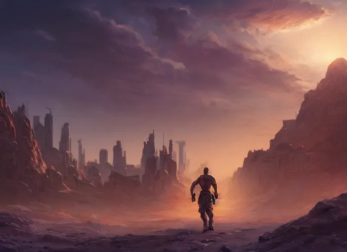 Prompt: detailed concept art background matte painting, strong muscular older soldier roaming through desert with city in the skyline, two suns, purple orange colors, sharp focus, illustration, highly detailed, digital painting, concept art, matte, art by wlop and artgerm and greg rutkowski, masterpiece