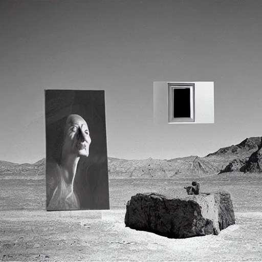 Image similar to levitating bene gesserit with full - face golden mask meeting salvador dali in a dry rocky desert landscape, visible sky and sunny atmosphere, fata morgana and giant square mirrors by alejandro jodorowsky, anamorphic lens, kodakchrome, practical effects, masterpiece, 8 k -