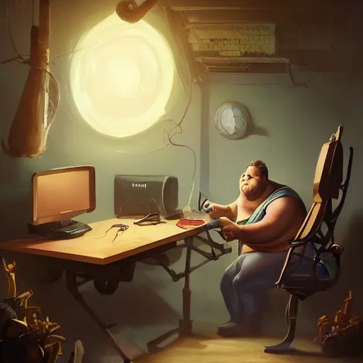 Prompt: a insanely detailed painting of a slightly overweight man wearing a homemade superhero costumed, sitting at a computer desk, nervously and clicking on the mouse, in the style of peter mohrbacher, dramatic lighting and composition, trending on artstation, concept art, comic book