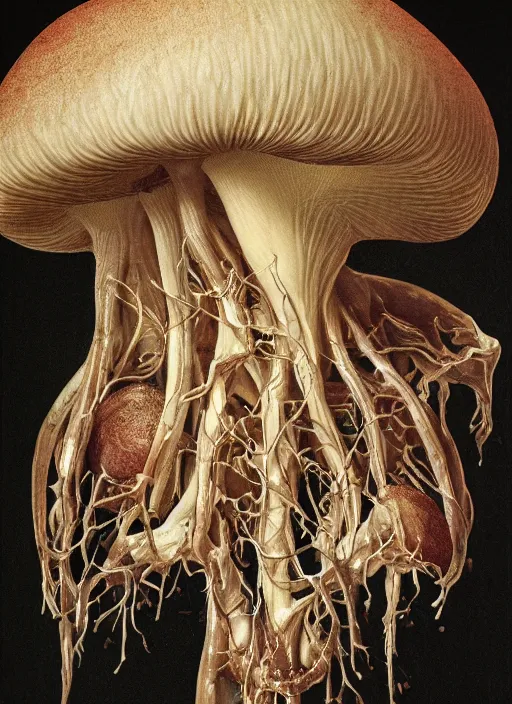 Prompt: portrait of a magic mushroom with translucent skin, visible muscles and veins and arteries and bones and spines and nerves, beautiful detailed intricate insanely detailed octane render, 8k artistic photography, photorealistic, chiaroscuro, by David Cronenberg, Raphael, Caravaggio