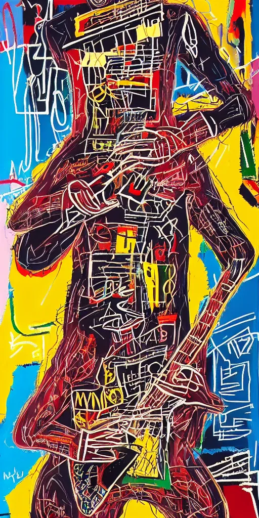 Prompt: a cyberpunk portrait of a guitar player on stage shredding a solo by jean - michel basquiat, by hayao miyazaki by artgerm, highly detailed, sacred geometry, mathematics, snake, geometry, cyberpunk, vibrant, water